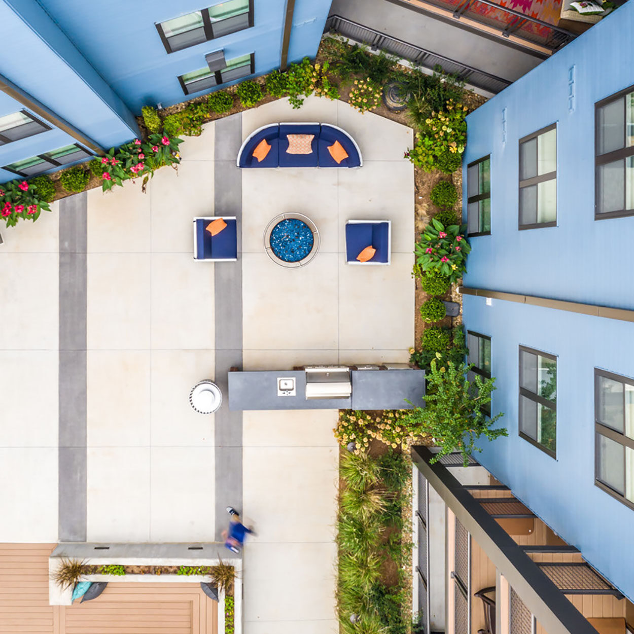 overhead aerial drone shot view of outdoor lounge area amenity